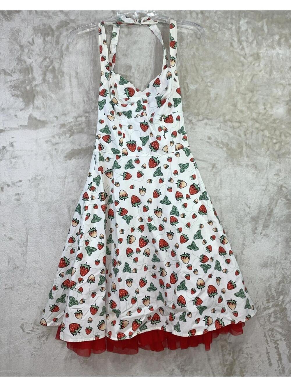 Women’s Strawberry Print Dress Size 6 Halter Neck Full Skirt Rockabilly Pinup